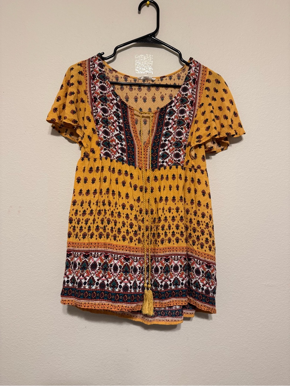 mine Mustard Yellow Boho Tassel Flutter Sleeve Tunic